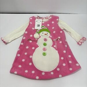 Bonnie Baby Infant Girls Pink Snowman Jumper Dress Size 12 Mth Polka Dot 2 Piece